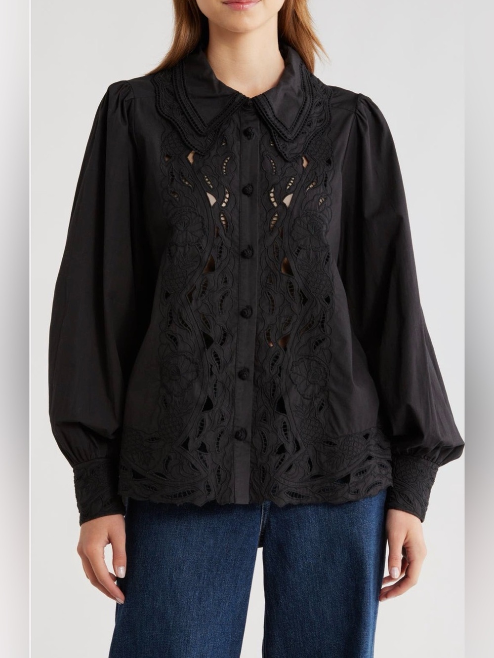 FARM Rio Black Lace-Cut Button Down Blouse with Puff Sleeves